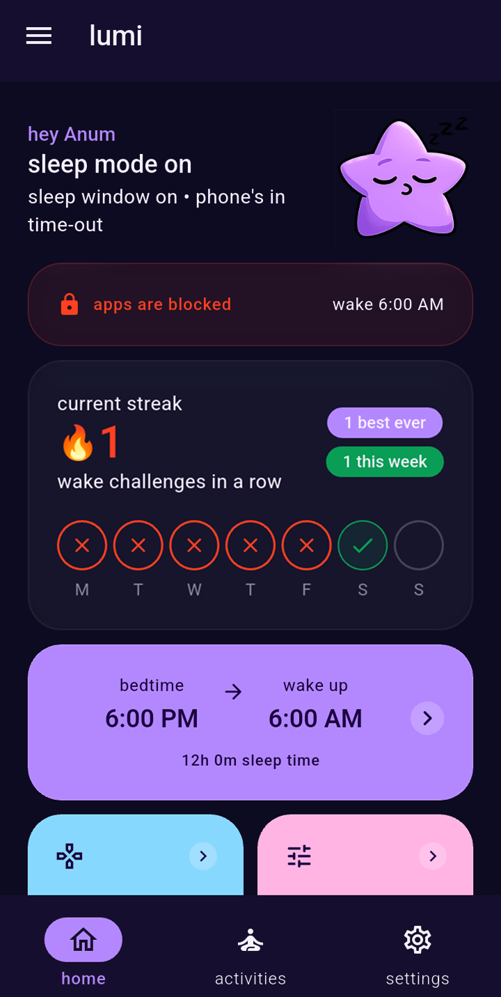 lumi lock screen — app is locked until morning