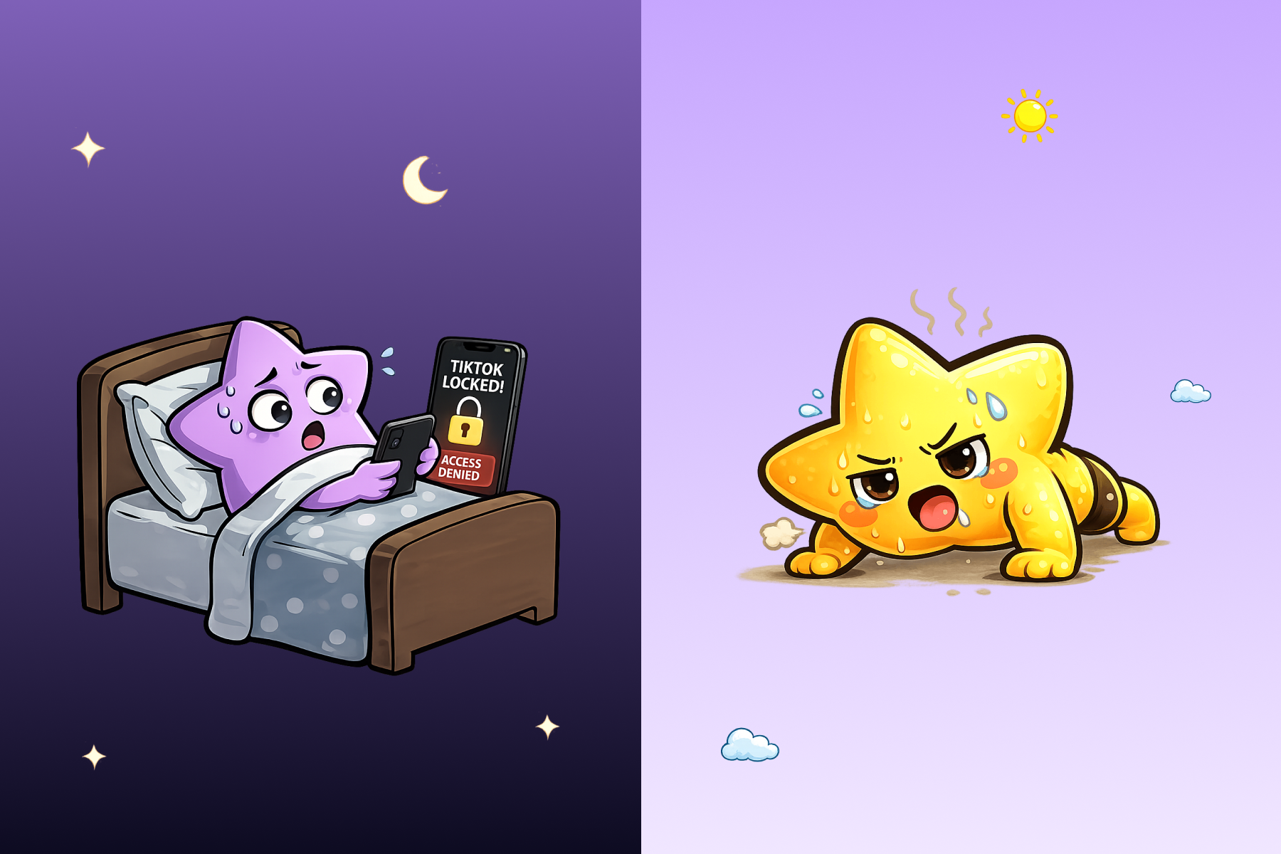 Lumi app bedtime lock and morning challenge screens side by side - the night and morning levers